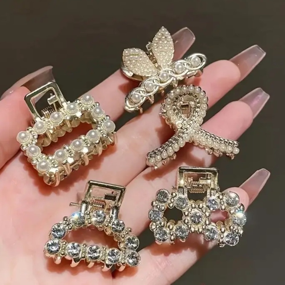 Elegant Pearl and Crystal Hair Clips - Set of 5